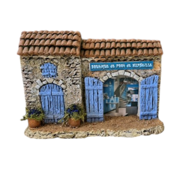 Façade boutique de foot de marseille pour votre Décor de crèche et vos santons de Provence 