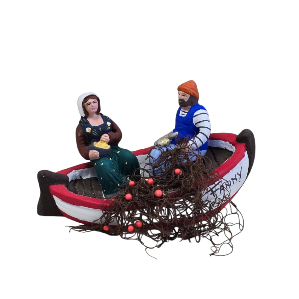 Santons de Provence couple de pêcheurs sur barque pour votre Décor de Crèche à avignon 