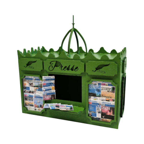 Kiosque à journaux de Provence fabriquée en bois dans notre atelier à Aubagne pour votre décor de crèche de noël et vos santons de Provence 7cm 