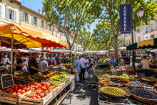 Le marché d’**Aubagne**, véritable cœur de la Provence, entre produits du terroir, artisanat local, fruits et légumes de saison et ambiance chaleureuse des villages provençaux près de L’Atelier de Fanny.